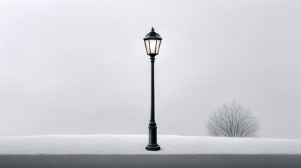 A solitary black lamppost shines in a snowy winter landscape.