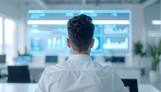 Rear view of a man observing a large, futuristic transparent screen displaying digital business data and analytics in a modern office.