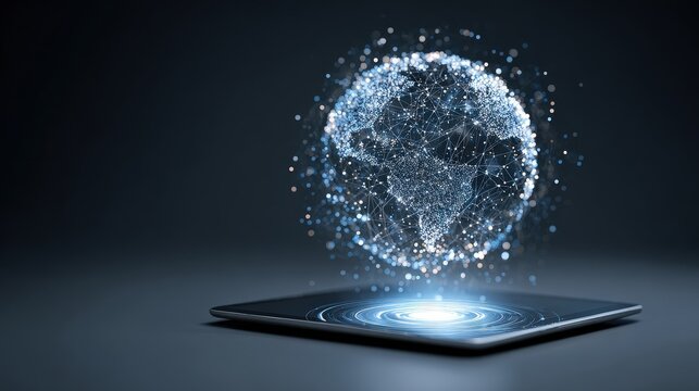 Digital Earth Globe Hologram Projection From Tablet. Concept.