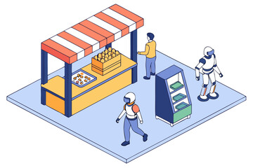 Bustling futuristic marketplace with robotic vendors, blending sci-fi and commerce, modern flat illustration style.