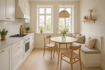 Bright Scandinavian Kitchen with Round Dining Table
