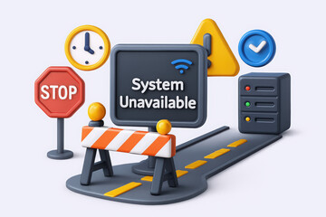 3D rendering of a system unavailable sign with icons, a stop sign, and a roadblock, conveying a warning message.