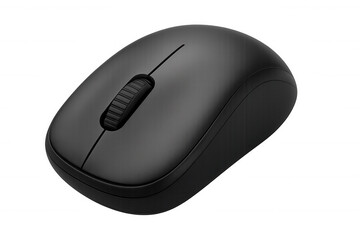 Black wireless computer mouse providing ergonomic design, precise tracking, and smooth cursor movement on transparent backdrop