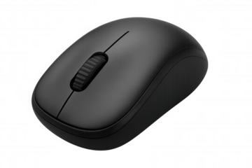 Black wireless computer mouse providing ergonomic design, precise tracking, and smooth cursor movement on transparent backdrop