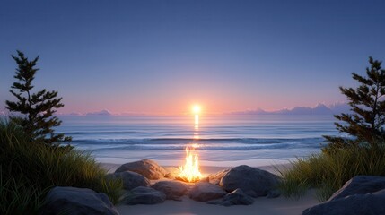 Peaceful sunset over a beach campfire with soft waves in the background.
