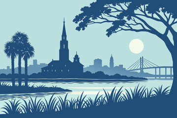 Naklejka premium Charleston skyline at twilight with Charleston Harbor still and reflective, framed by marshes and evening sky gradients, modern flat illustration style.