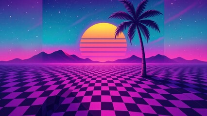 Naklejka premium Retro futuristic sunset landscape illustration.