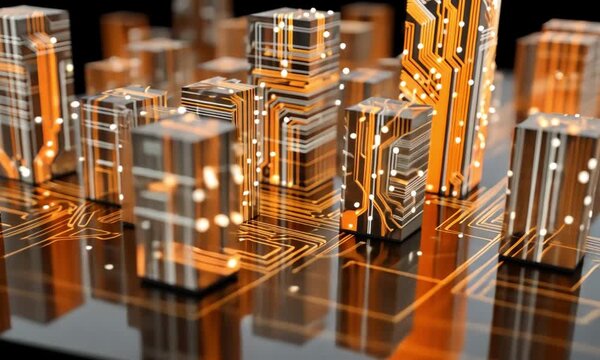 Abstract cityscape of blocky structures with circuit board design, glowing orange and white lines
