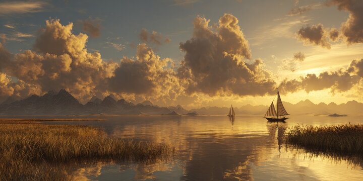 Golden hour landscape with sailboats on a tranquil lake - Powered by Adobe