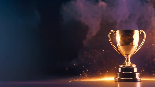 Golden trophy with sparkling confetti on a dark background. award and celebration concept