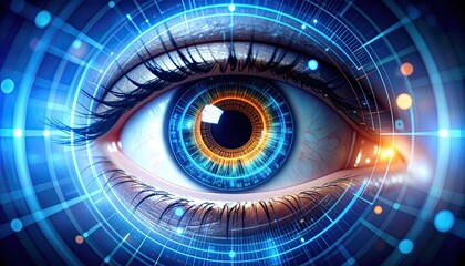 Human eye digitally enhanced, futuristic technology, glowing iris, cybernetic vision.