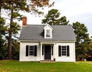 A classic small white house with black shutters and a grey roof, nestled in a green lawn with trees in the background, exuding a charming, traditional American aesthetic.