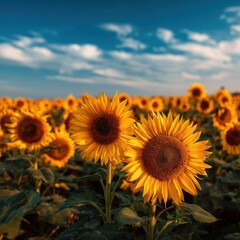 Fototapeta premium Sunflowers blooming in a vast field at sunset; idyllic summer landscape for a calendar