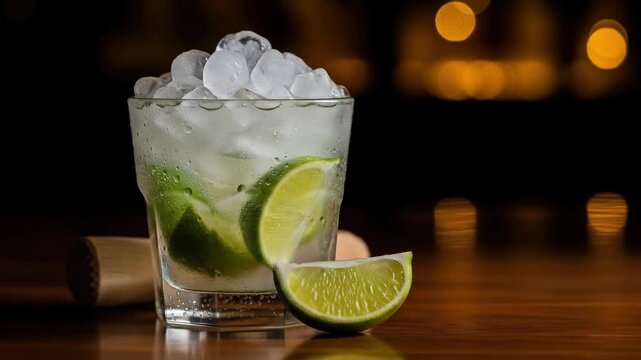 Classic caipirinha cocktail with fresh lime and crushed ice on a dark bar with moody lighting