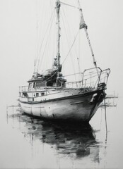 Naklejka premium A monochrome drawing depicts a weathered sailboat reflecting in still water, against a foggy sky