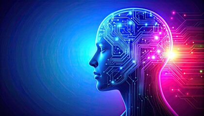Side profile of a human head with a circuit board pattern overlaid, representing artificial intelligence and technological advancement, with vibrant blue and pink lighting.
