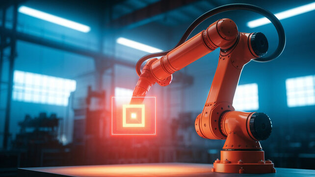 A futuristic orange robotic arm with a glowing red sensor, shown in a dimly lit, high-tech industrial setting