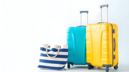 beach bag side of yellow and blue suitcase isolated on white background