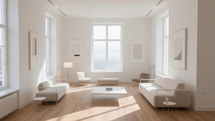 Modern minimalist living room with natural light and simple furniture