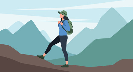 Obraz premium Female Hiker Ascending a Mountain with Backpack and Hat on Outdoor Adventure