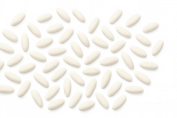 Falling rice grains suspended midair, showcasing crisp texture against transparent backdrop for culinary marketing imagery