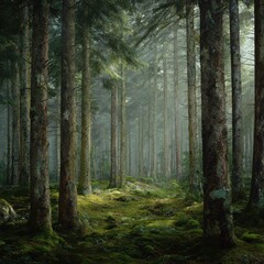 Obraz premium Sunlit Misty Forest Path, Green Moss, Tranquil Nature Scene, Wallpaper