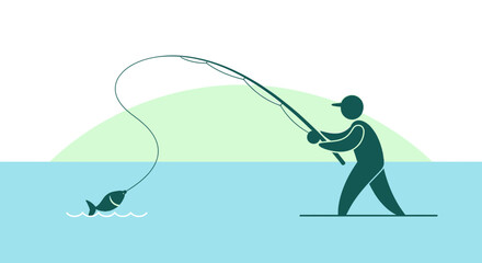 Fisherman Casting Rod Silhouette on Water With Fish Hooked at The End