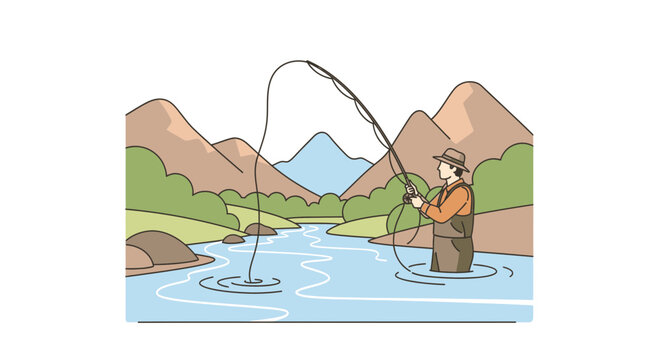 Fly fishing enthusiast casting line in scenic mountain river landscape recreation