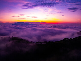 Fototapeta premium Drone aerial view of landscape mountains view in sunrise or sunset time,High angle view over countryside at northern Vietnam
