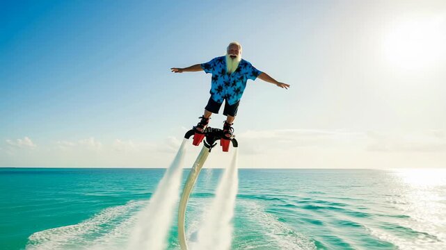 Elderly man soaring high on flyboard over turquoise sea with joyful expression