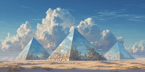Three crystalline pyramids stand sentinel in a vast desert landscape under a dramatic sky filled with billowing clouds