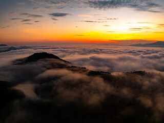 Drone aerial view of landscape mountains view in sunrise or sunset time,High angle view over countryside at northern Vietnam