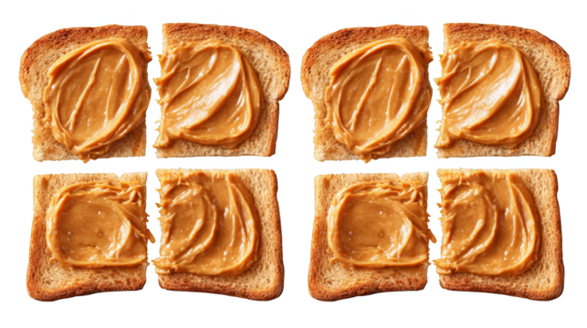 A close up view of four perfectly toasted slices of bread arranged neatly with a shiny metal spreader covered in creamy nut butter ready for a delicious breakfast meal.