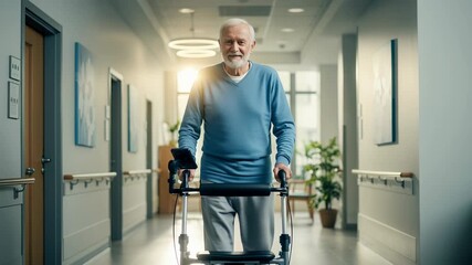Senior man uses advanced walker for rehabilitation in sunlit corridor of care center - Powered by Adobe