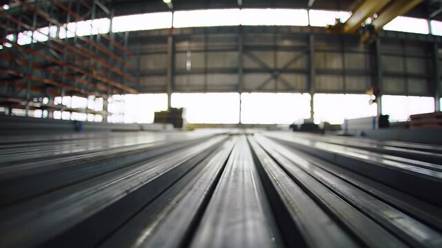 Arrangement of Metal Steel Bars Inside Large Industrial Warehouse Structure
