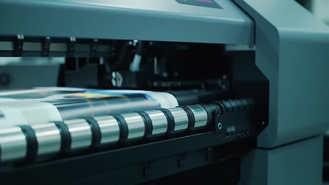 Automated Printing Machine in Operation with Vibrant Color Print Output on Silver Rollers