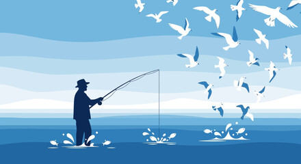 Fisherman Silhouette Casting Line Amidst Seabirds In Calm Ocean Scene