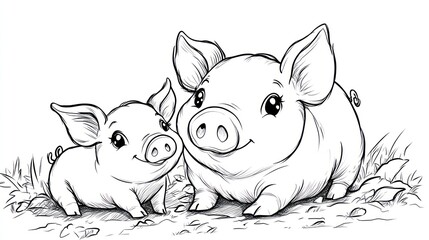 Fototapeta premium Cute piglet duo in a field, drawn in black and white with lovely details