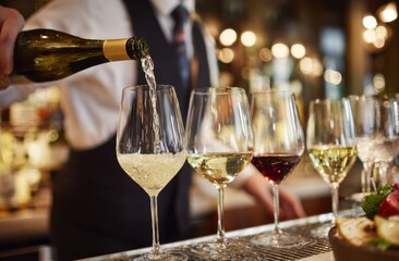 Elegant bartender pouring red wine into glasses at a sophisticated bar setting with warm ambient lighting