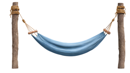 Hammock strung between two poles, isolated on transparent background