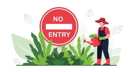 Gardener Watering Plants Behind No Entry Sign Symbolizing Breaking Barriers