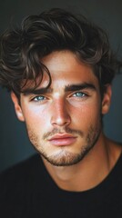 Obraz premium Young man with thick dark hair and bright blue eyes on neutral background, close portrait with emphasis on expressive face - cosmetics ads, fashion magazines, social networks for model portfolios.