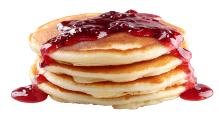 A delicious tall stack of fluffy golden brown pancakes drizzled with sweet fruit jam a classic breakfast dish perfect for a morning treat ready to be served and enjoyed.