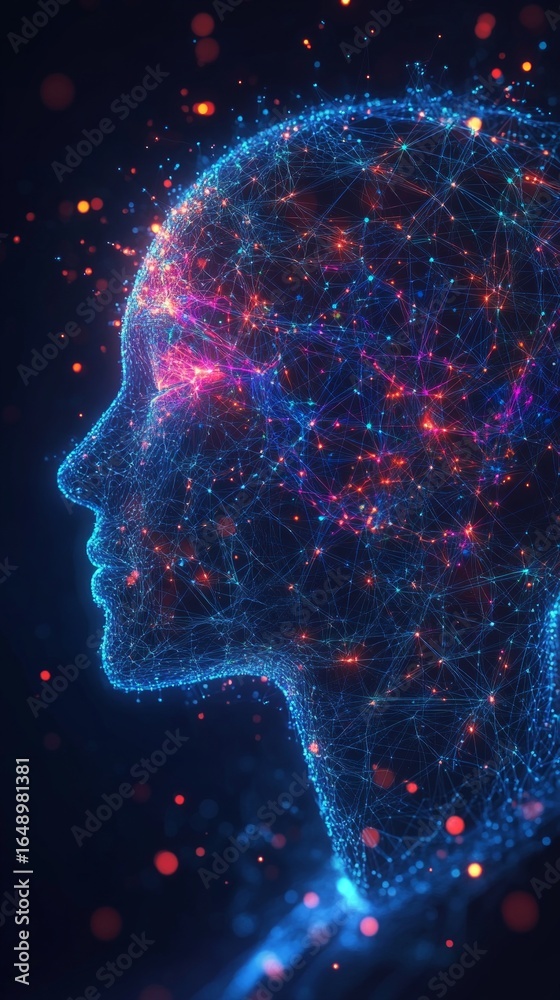 Sticker abstract digital background texture human head texture of glowing dots and lines on dark background 
