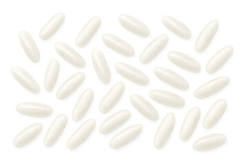 Many realistic white rice grains are falling against a transparent background, creating a visually appealing arrangement