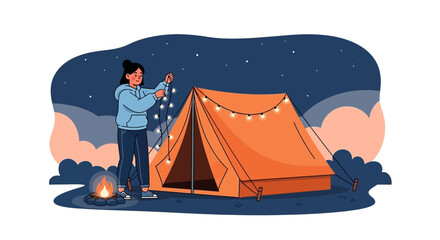Fototapeta premium Girl Decorating Tent With Lights Under Starry Sky Around Bonfire