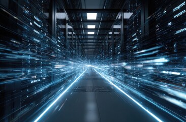 Futuristic server room, data flowing