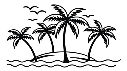 Black silhouette of palm trees on a small island with waves and birds