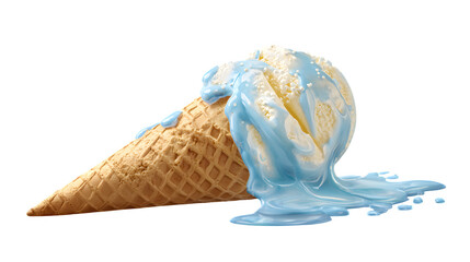 Ice cream cone melting under the sun, isolated on transparent background