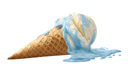 Ice cream cone melting under the sun, isolated on transparent background